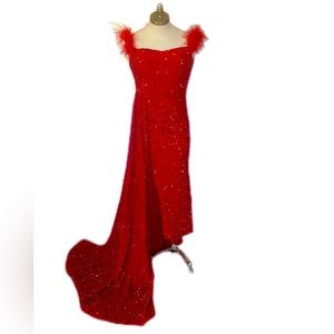 Red Mermaid Sequin and Feather Prom Dress